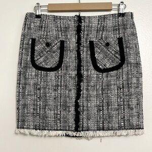 Trina Turk Black Tweed Mini Skirt with Fringe Hem, Cotton-Wool Blend